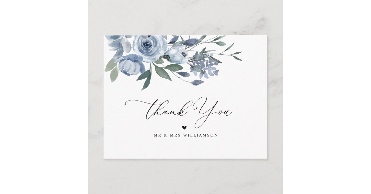 dusty blue floral wedding thank you card | Zazzle