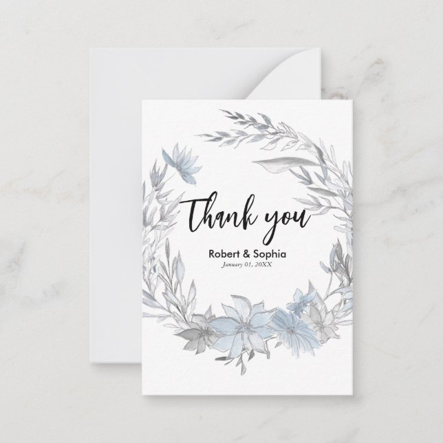 Dusty Blue Floral Wedding Thank you Note Card (Front)