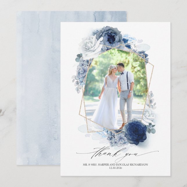 Dusty Blue Floral Wedding Thank You Photo (Front/Back)