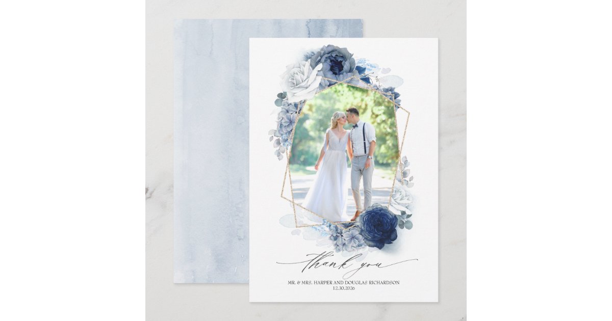 Dusty Blue Floral Wedding Thank You Photo Card | Zazzle