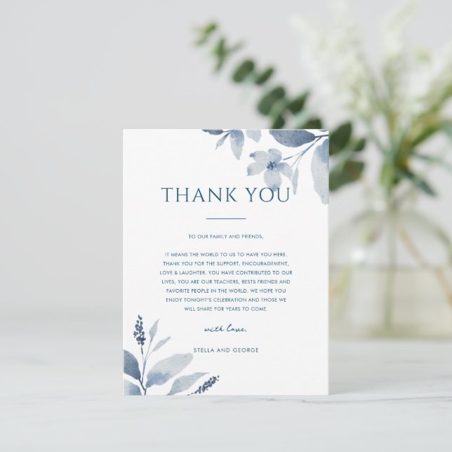 Dusty Blue Floral Wedding Thank You Place Card (Standing Front)