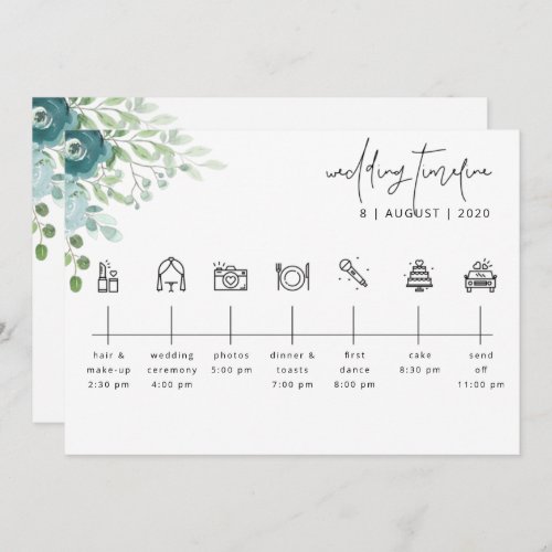 Dusty Blue Floral Wedding Timeline Welcome Card