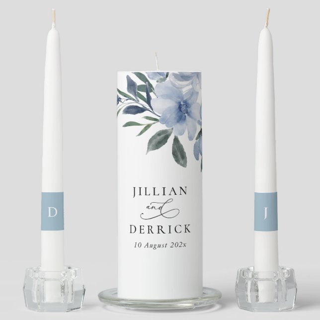 dusty blue floral wedding unity candle set (Front)