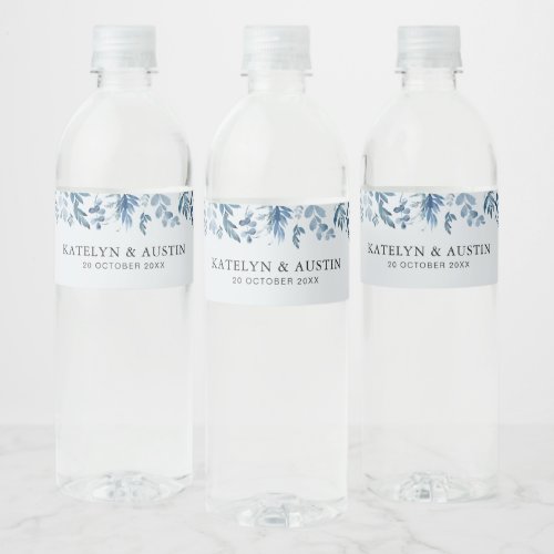 dusty blue floral wedding water bottle label