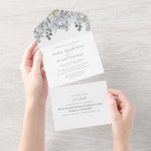 Dusty Blue Floral Wedding Website Guest Addressed All In One Invitation