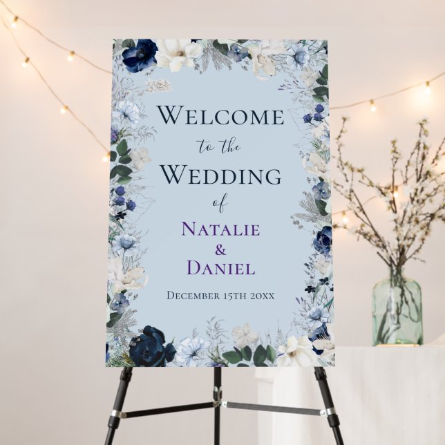Dusty Blue Floral Wedding Welcome Foam Board (In Situ (Stand))