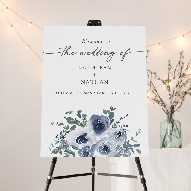 Dusty Blue Floral Wedding Welcome Foam Board (In Situ (Stand))