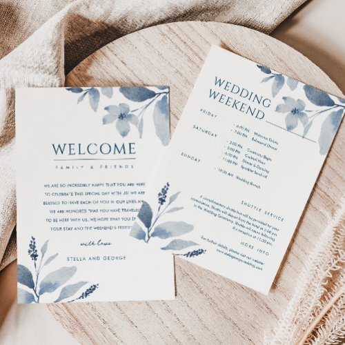 Dusty Blue Floral Wedding Welcome  Itinerary Card