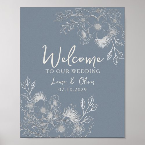 Dusty Blue Floral Wedding Welcome Poster