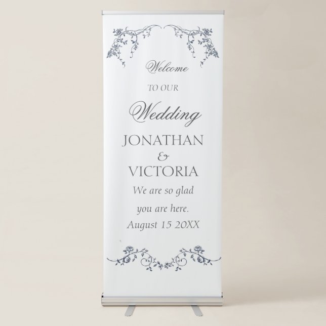 Dusty Blue Floral Wedding Welcome Retractable Sign (Front)