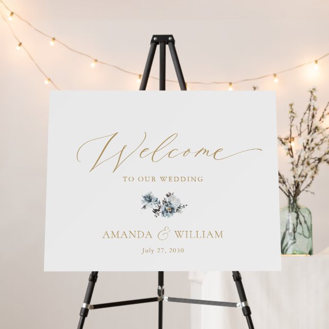 Dusty Blue Floral Wedding Welcome Sign (In Situ (Stand))