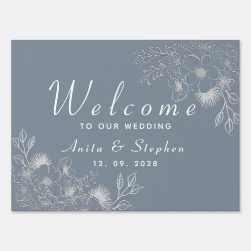 Dusty Blue Floral Wedding Welcome Sign