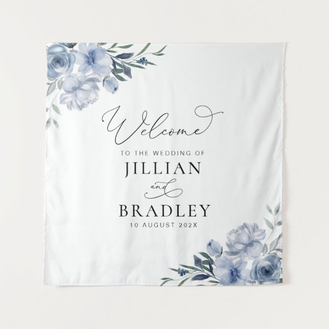 dusty blue floral wedding welcome sign tapestry (Front)