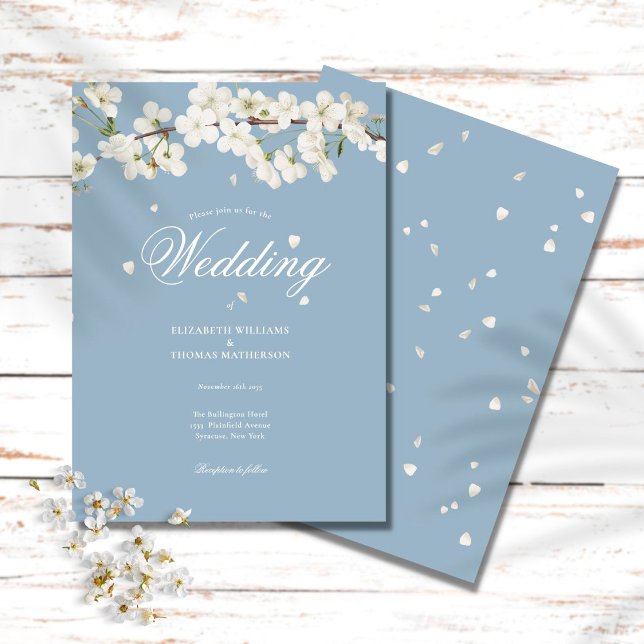 Dusty Blue Floral Wedding White Blossom Invitation (Creator Uploaded)