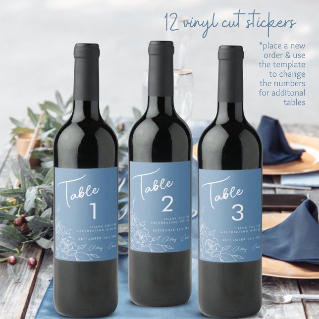 Dusty Blue Floral Wedding Wine Label Table Numbers (Creator Uploaded)