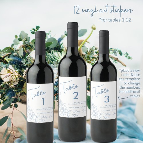 Dusty Blue Floral Wedding Wine Label Table Numbers