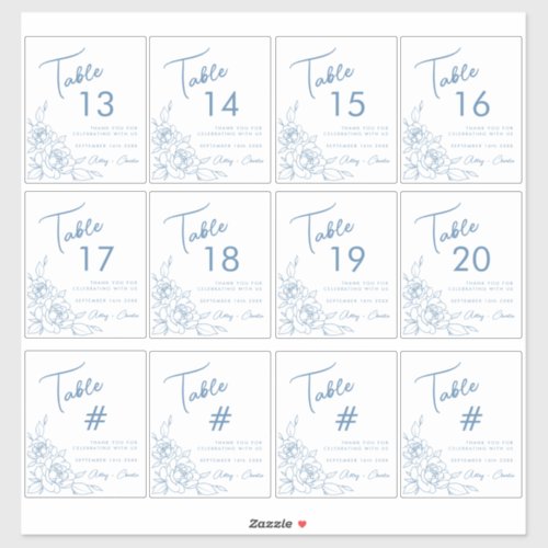 Dusty Blue Floral Wedding Wine Label Table Numbers