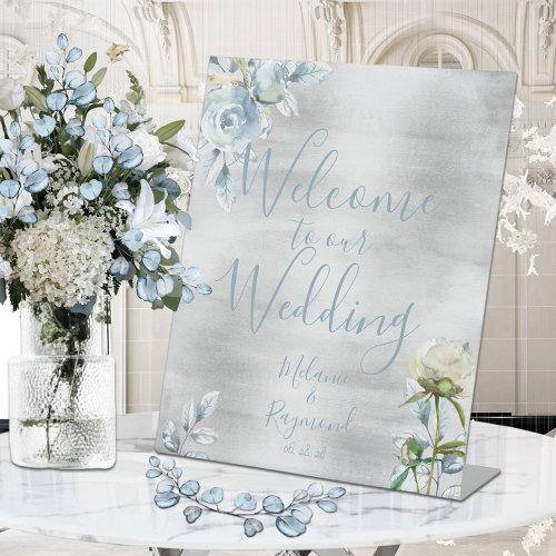 Dusty Blue Floral Welcome Our Wedding Handwritten Pedestal Sign