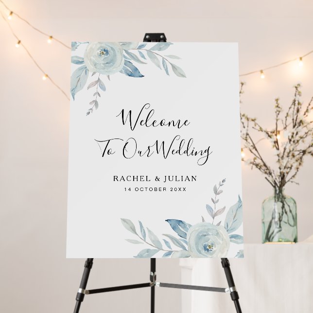 Dusty blue floral welcome wedding sign (In Situ (Stand))