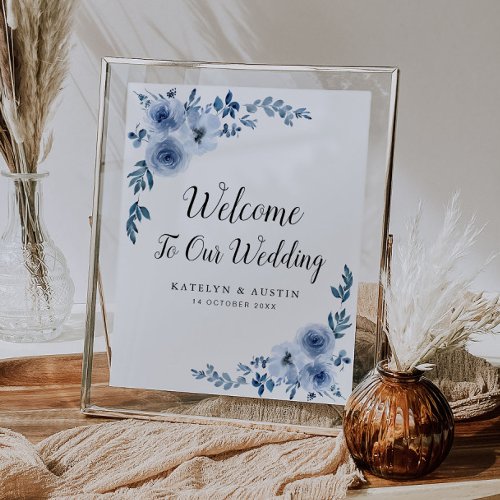 Dusty blue floral welcome wedding sign