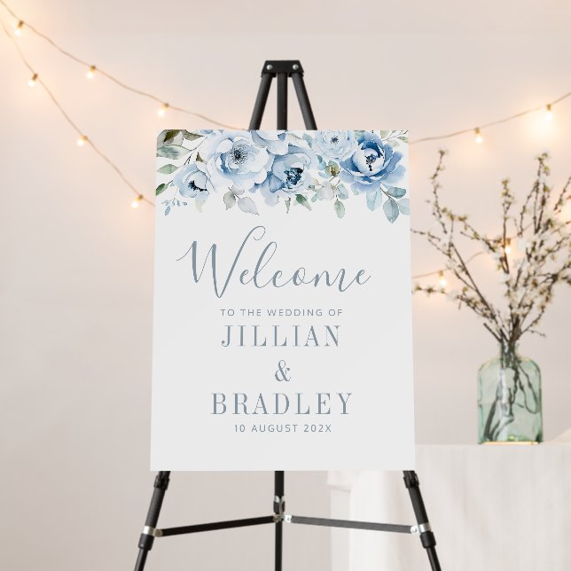 dusty blue floral welcome wedding sign (In Situ (Stand))