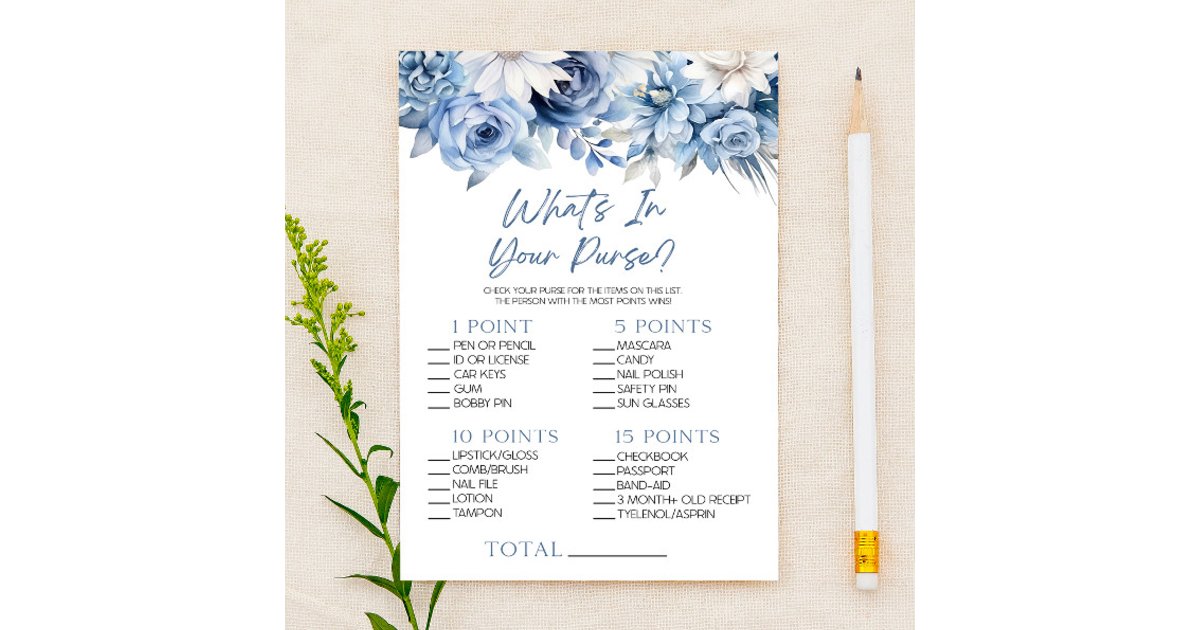 Dusty Blue Floral What's In Purse Baby Shower Game | Zazzle