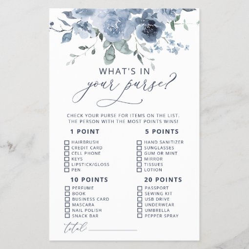 Dusty Blue Floral What's in Your Purse Game | Zazzle