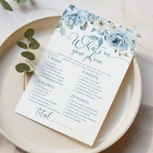 Dusty blue floral whats on your phone bridal game