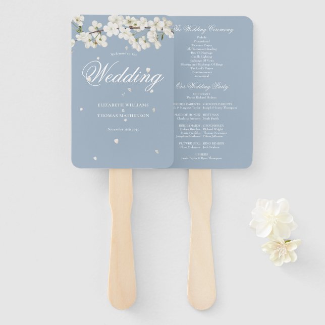 Dusty Blue Floral White Blossom Wedding Program Hand Fan (Front and Back)