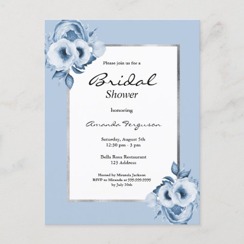 Dusty blue floral white bridal shower invitation postcard