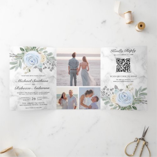 Dusty Blue Floral White Marble QR Code Wedding Tri_Fold Invitation