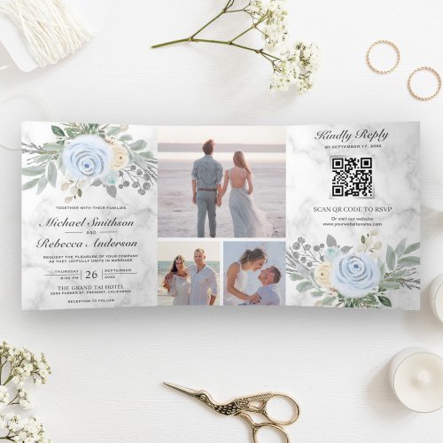 Dusty Blue Floral White Marble QR Code Wedding Tri_Fold Invitation