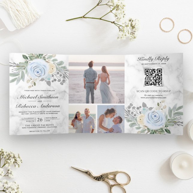 Dusty Blue Floral White Marble QR Code Wedding Tri-Fold Invitation (Creator Uploaded)