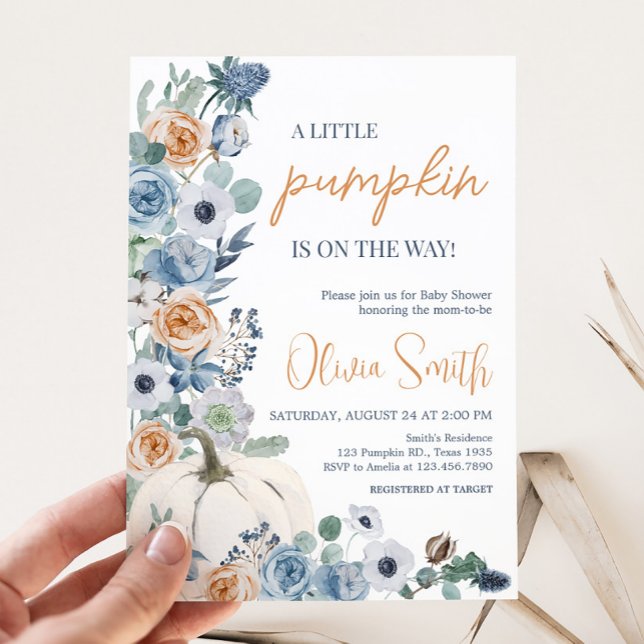 Dusty Blue Floral White Pumpkin Baby Shower Invitation (Blue Floral Pumpkin Baby Shower Invitation)