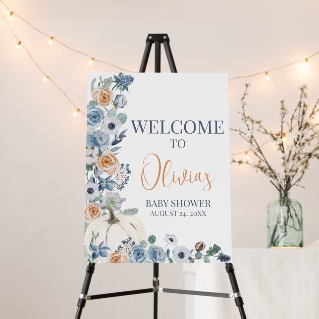 Dusty Blue Floral White Pumpkin Welcome Sign (In Situ (Stand))