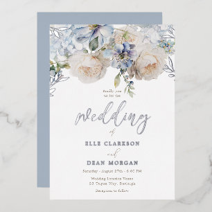 Dusty Blue Floral & White Roses Wedding Silver Foil Invitation