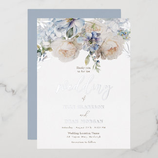Dusty Blue Floral & White Roses Wedding Silver Foil Invitation