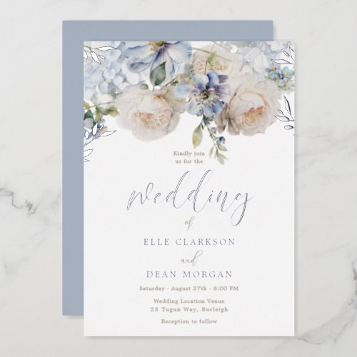 Dusty Blue Floral  White Roses Wedding Silver Foil Invitation
