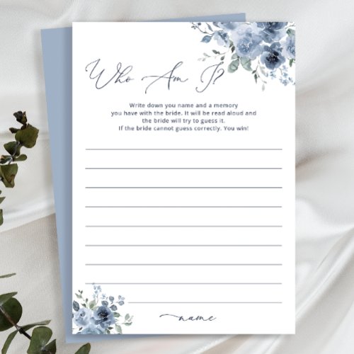 Dusty Blue Floral Who Am I Bridal Shower Game Card