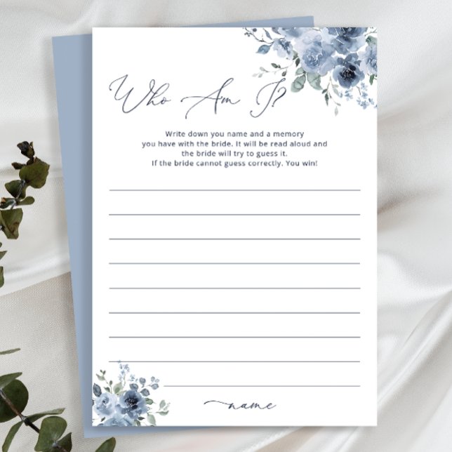 Dusty Blue Floral Who Am I Bridal Shower Game Card (Creator Uploaded)