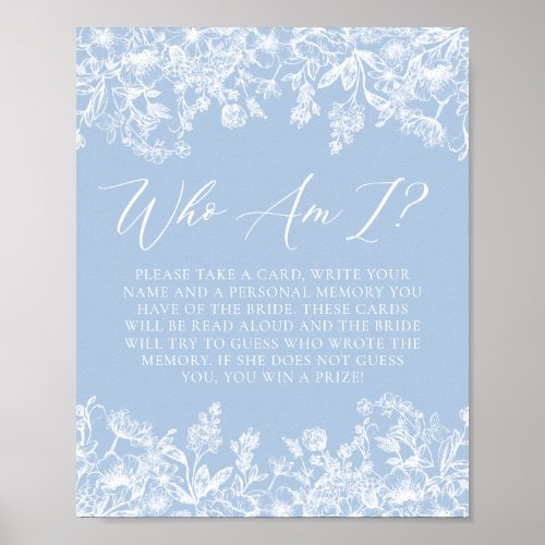 Dusty Blue Floral Who Am I Bridal Shower Game Sign