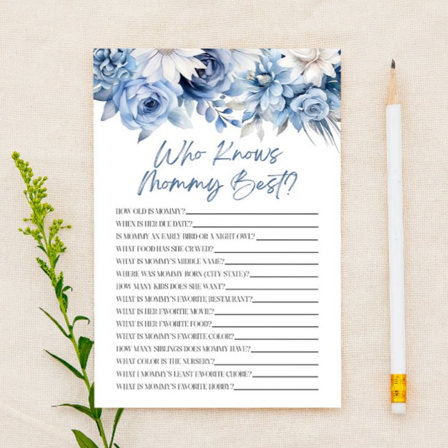 Dusty Blue Floral Who Knows Mommy Baby Shower Game (Creator Uploaded)