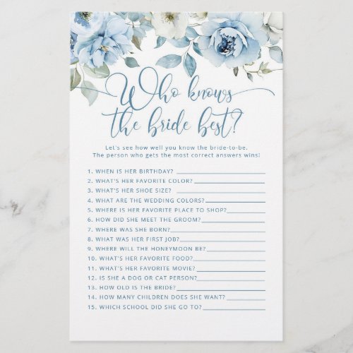 Dusty blue floral Who knows the bride best game