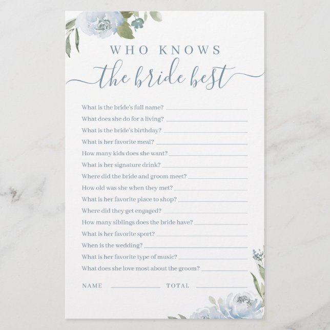 Dusty blue floral who knows the bride best game (Front)
