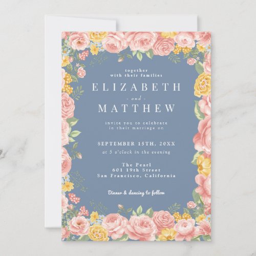 Dusty Blue Floral Wildflower Photo QR Code Wedding Invitation