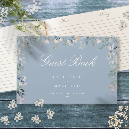 Dusty Blue Floral Wildflowers Cascade Wedding Guest Book