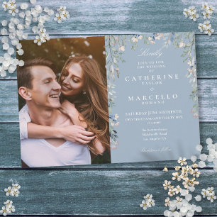 Dusty Blue Floral Wildflowers Photo Wedding Invitation