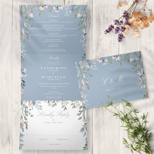 Dusty Blue Floral Wildflowers Photo Wedding Tri_Fold Invitation