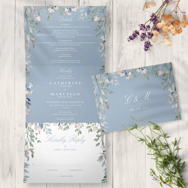 Dusty Blue Floral Wildflowers Photo Wedding Tri-Fold Invitation | Zazzle