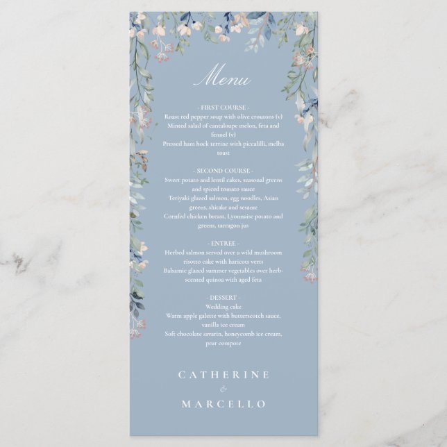 Dusty Blue Floral Wildflowers Wedding Dinner Menu (Front)